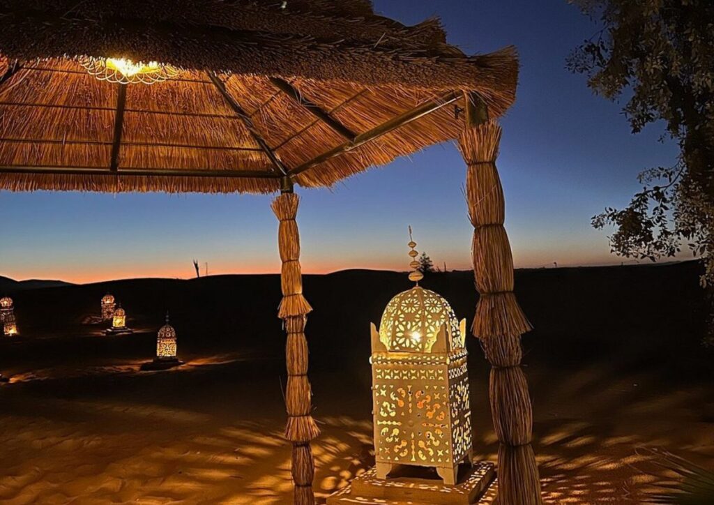 Sahara stargazing tour with silhouetted camels at night in the Moroccan Sahara Desert near Merzouga.